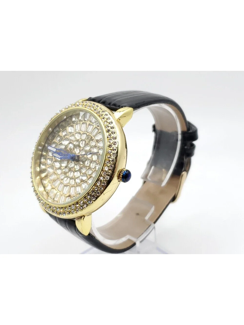 Strada Prisim Gem Quartz Watch Women New Battery Gold Tone Rhinestone Bezel 43mm